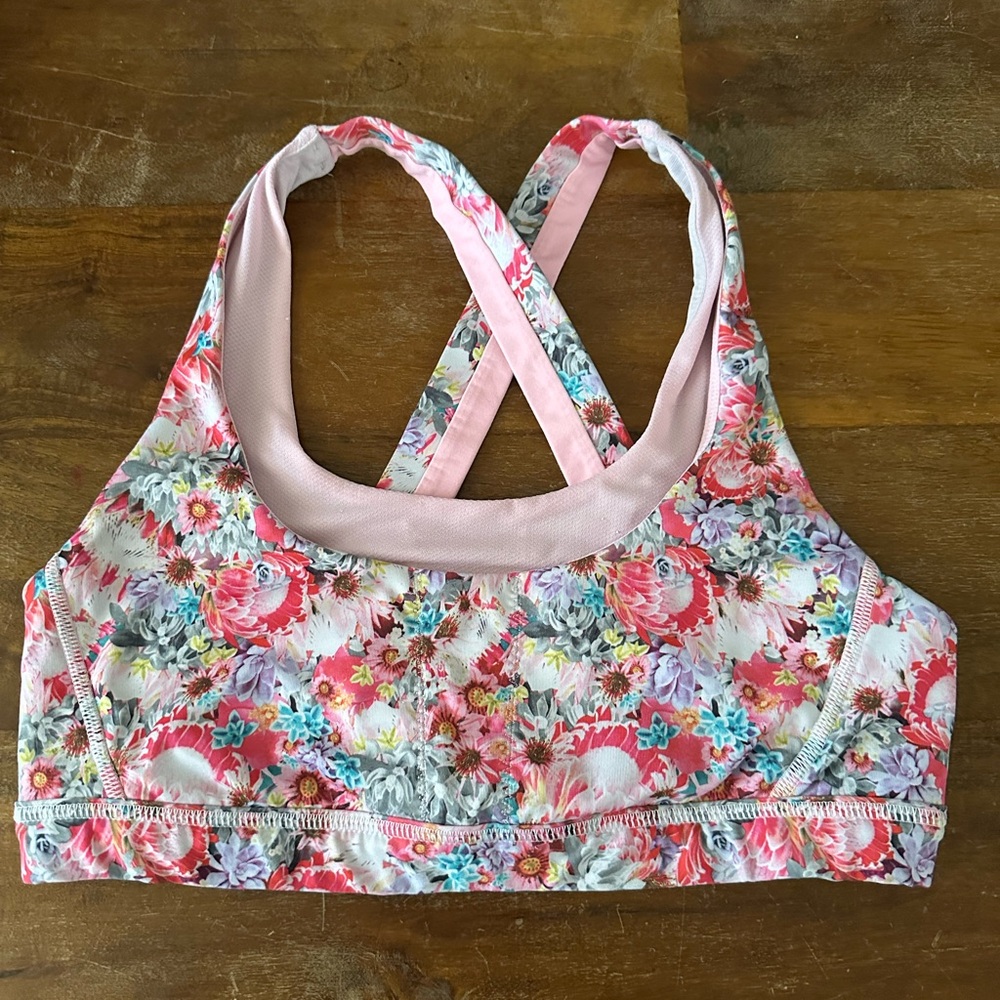 Lululemon Run Stuff Your Sports Bra Pink Floral Floral Cross-Back Sports Bra 8‎